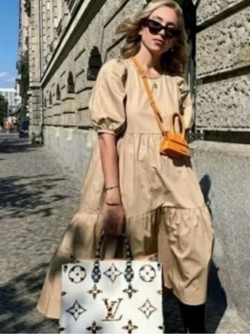 Zara Beige Puff-Sleeve Tiered Midi Dress